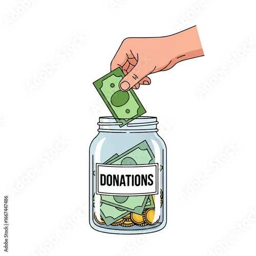 Hand with money supporting charities, giving back, financial donation illustration