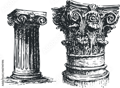 Antique column capitals in sketched style with detailed Ionic and Corinthian designs