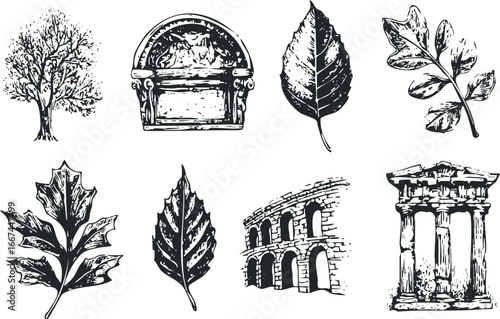 Collection of vintage tree, ancient ruins, and botanical leaf drawings