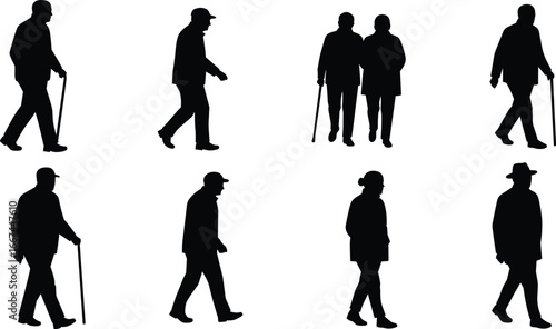 Silhouette elderly people, walking with cane, standing, couple, senior lifestyle, retirement, community, health, support, independence, aging, wellness, outdoor, mobility, pension