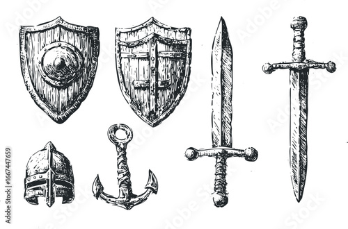 Collection of vintage hand-drawn medieval and nautical items