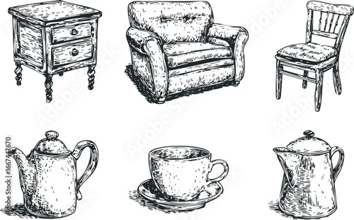 Sketch of vintage furniture and beverages