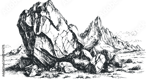 Detailed sketch of rugged mountain peaks and boulders with sparse vegetation