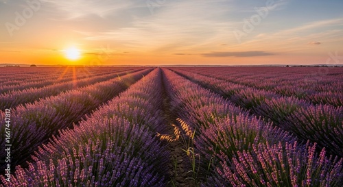 Lavender field at sunset aromatic purple flowers and golden light