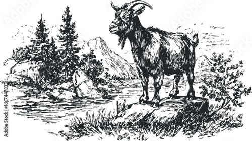 Pensive male goat stands on rocky ledge near stream with pine trees and mountains