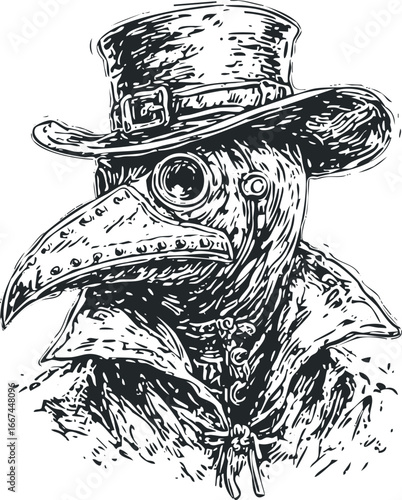 Striking woodcut style image of a plague doctor in a wide-brimmed hat and bird-like mask