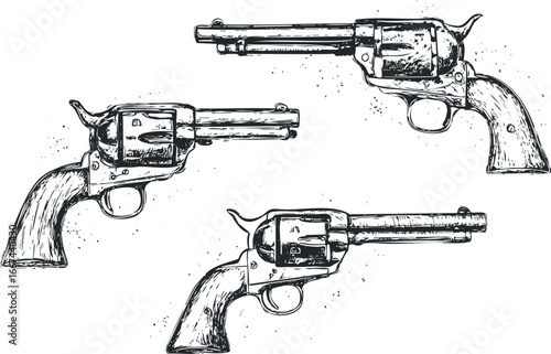 Three Hand-Drawn Western Revolver Pistols on White Background