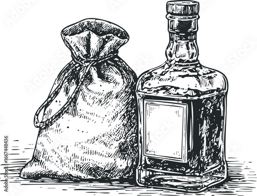 Detailed ink sketch of a whiskey bottle and a tied pouch on a textured surface