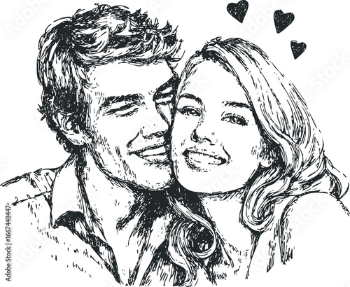 Couple embracing with happy expressions and hearts floating above them