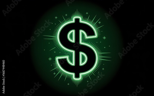 An illustrative green neon dollar sign symbol glows brightly on a dark background, a vibrant icon representing financial success, wealth, prosperity, and the energetic concept of money