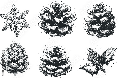 Woodcut Style Snowflake Pinecone Holly Berry Collection