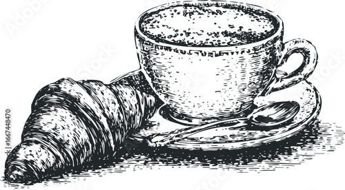Sketch of a Croissant with Coffee in a Cup and Saucer