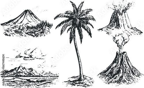 Collection of hand-drawn volcanic and tropical island landscape elements