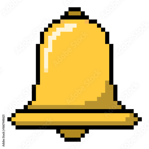 Pixel bell icon vector for notifications, alerts, and reminders. Useful for illustrating a new message, an alarm, or a digital alert in a fun, retro, 8-bit style.