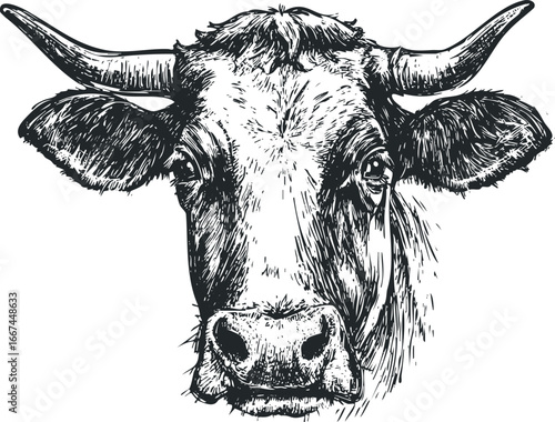 Head of a Black and White Textured Cow with Horns