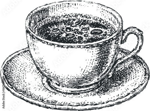 Black and White Sketch of a Coffee Cup with Saucer and Coffee Beans