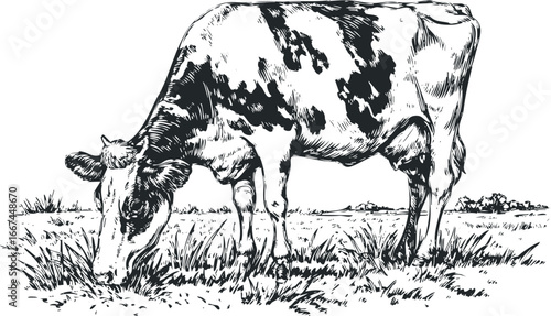 Black and white drawing of a spotted cow grazing in a grassy field