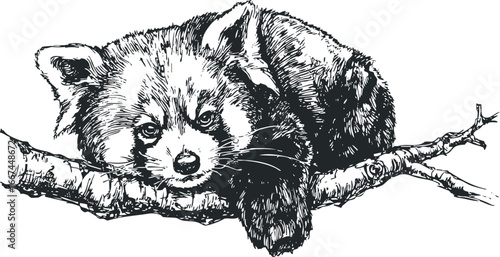 Red Panda Resting Comfortably on Tree Branch in Sketch Style