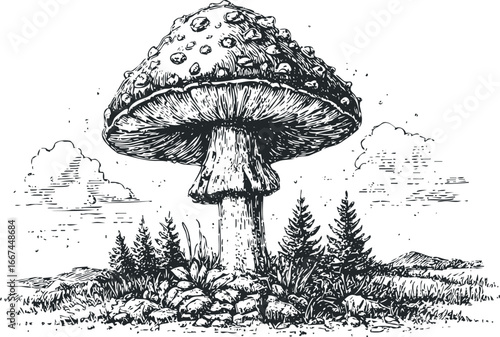 Monochromatic Sketch of Large Amanita Mushroom in Grassy Field with Pine Trees