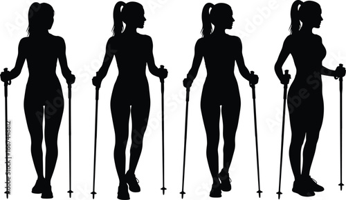 Silhouette women walking with poles, fitness exercise, Nordic walking, outdoor sport, active lifestyle, healthy training, body posture, strength, movement, balance
