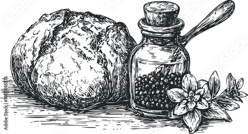 Hand drawn sketch of whole grain bread with peppercorns in a glass bottle and herb garnish