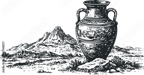 Ancient Amphora Vessel With Stylized Mountain Landscape In Black And White