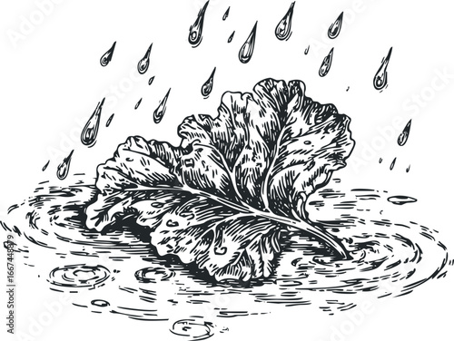 Black and white sketch of a large leaf in a puddle during rainfall
