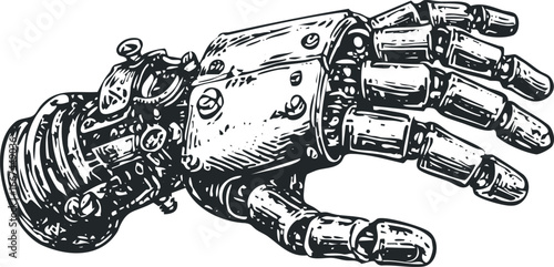 Detailed line drawing of a mechanical robotic hand with articulated fingers