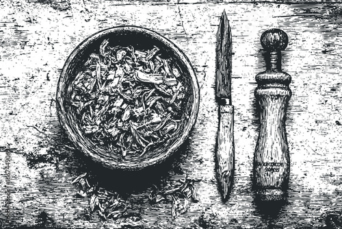 Rustic Wooden Preparation Board with Bowl of Shredded Ingredients and Knife