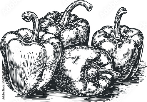 Group of Bell Peppers in Detailed Sketch Style