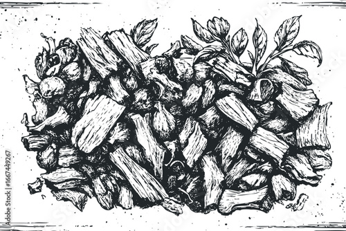 Textured Wood Chunks and Green Leaves Drawn in Black and White