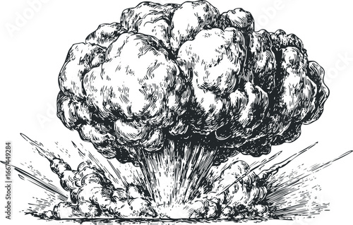 Monochromatic sketch of a massive smoke and debris cloud from an explosion