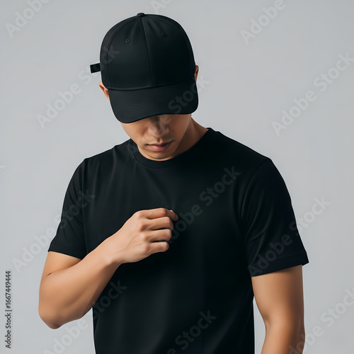 Wallpaper Mural Design Logo Mockup on the Chest of Black T-Shirt and Cap Torontodigital.ca