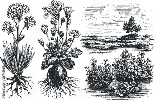 Vintage Botanical Study of Wildflowers and Landscape