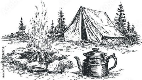 Vintage campfire scene with tent and kettle in woodland setting
