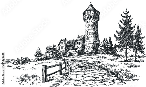Pencil sketch of a stone tower and house on a hill with a cobblestone path leading to it and surrounding trees