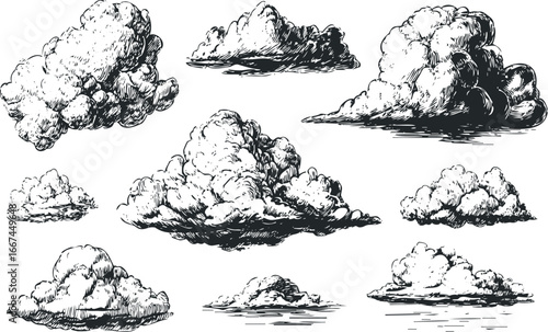 Collection of Hand Drawn Cumulus Clouds in Monochrome Sketch Style