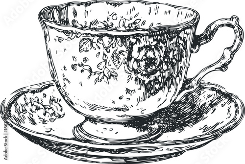 Sketch of antique teacup and saucer with floral detailing