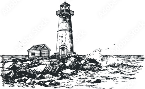 Sketch of a Lighthouse Tower on a Rocky Shoreline with Crashing Waves