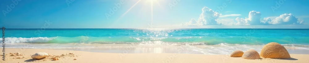 Obraz premium Golden sand meets azure ocean under a brilliant sun; perfect for relaxation and summer vibes Seashells, waves gently lapping the shore, clear blue sky , landscape, ocean