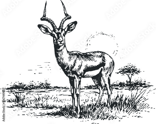 Black and White Graphic of Antelope Standing in Savanna Grasslands