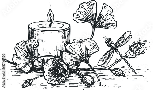 Stylized Black and White Drawing of a Lit Candle with Ginkgo Leaves and a Dragonfly
