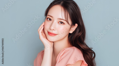 顔に手を当てる若い女性のポートレート、パステルソフトブルー背景