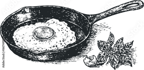 Ink sketch of a fried egg cooking in a cast iron skillet with herbs