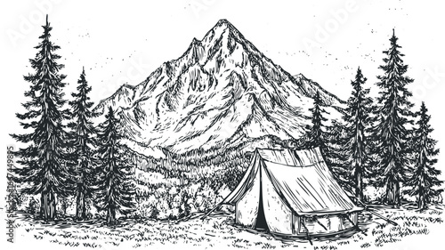 Sketch of a tent pitched in a forest with a large mountain in the background