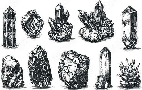 Collection of hand-drawn quartz crystals and mineral formations