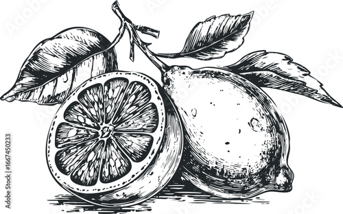 Engaging Woodcut Style Artwork of a Lemon Half and Whole Lemon with Leaves