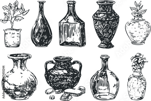 Collection of hand-drawn ancient pottery and plant vases