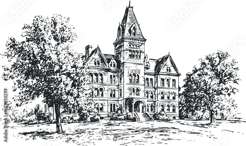 Architectural Sketch of Victorian Mansion with Lush Trees and Detailed Facade