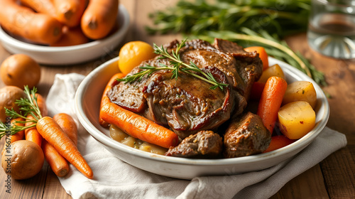 Classic American pot roast with beef chuck carrots and Yukon gold potatoes. Concept Classic American pot roast recipe with beef chuck, carrots, and Yukon Gold potatoes